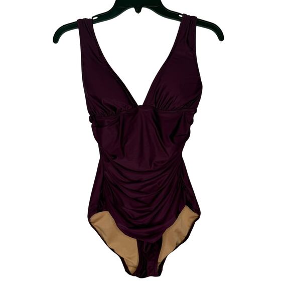 J Crew One Piece Swimsuit Womens 4 Purple Ruched Plunge Eco Swim - Picture 1 of 6